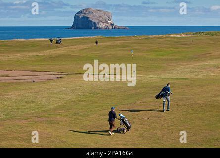 North Berwick, East Lothian, Schottland, Großbritannien. 11. märz 2023 Die Sonne segnete die Firth of Forth Küste und den Glen Golfplatz mit einer kühlen Temperatur von 4 Grad Celsius. Stockfoto