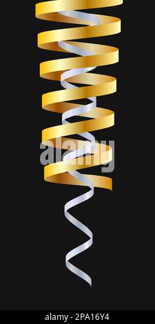 Goldene und weiße glänzende spiralförmige Bänder auf schwarzem Hintergrund, Weihnachtsdekoration und Partyschlange Vektor luxuriöses Designelement Stock Vektor