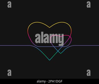 Eine Strichzeichnung von zwei Herzen, Regenbogenfarben auf schwarzem Hintergrund Vektor minimalistische lineare Darstellung des Liebeskonzepts aus durchgehender Linie Stock Vektor