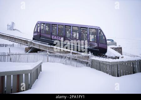 Die Cairngorm Mountain Railway Seilbahn bringt Skifahrer zu den Skipisten im Skigebiet Cairngorm in der Nähe von Aviemore, Schottland, Großbritannien Stockfoto