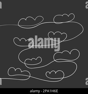 Durchgehende Linienzeichnung von Wolken, von Hand gezeichnete weiße Linie auf dunkelgrauem Hintergrund, Vektordarstellung minimalistisch Stock Vektor