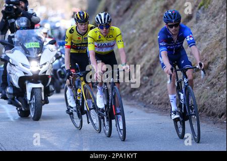 Dänischer Jonas Vingegaard von Jumbo-Visma, slowenischer Tadej Pogacar von Team Emirates der Vereinigten Arabischen Emirate und französischer David Gaudu von Groupama-FDJ, dargestellt in Aktion in Phase 7 der 81. Ausgabe des Achttägigen Radrennens Paris-Nizza, 142,9km von Nizza bis Col de la Couillole, Frankreich, Samstag, 11. März 2023. BELGA FOTO DAVID PINTENS Stockfoto