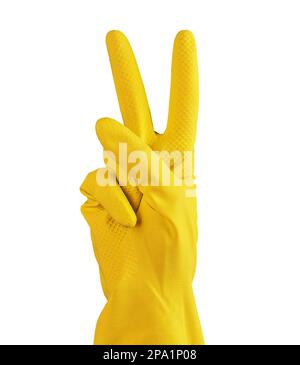 Reinigungskräfte tragen gelbe Handschuhe mit Siegeszeichen, V-Symbol isoliert auf weißem Hintergrund. Stockfoto