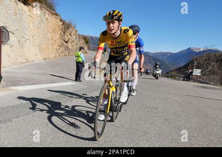 Dänischer Jonas Vingegaard von Jumbo-Visma, slowenischer Tadej Pogacar von Team Emirates der Vereinigten Arabischen Emirate und französischer David Gaudu von Groupama-FDJ, dargestellt in Aktion in Phase 7 der 81. Ausgabe des Achttägigen Radrennens Paris-Nizza, 142,9km von Nizza bis Col de la Couillole, Frankreich, Samstag, 11. März 2023. BELGA FOTO DAVID PINTENS Stockfoto