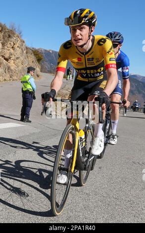 Der slowenische Tadej Pogacar von Team Emirates der Vereinigten Arabischen Emirate und der französische David Gaudu von Groupama-FDJ wurden in der Phase 7 der 81. Ausgabe des Achttägigen Radrennen Paris-Nizza, 142,9km km von Nizza bis Col de la Couillole, Frankreich, am Samstag, den 11. März 2023 in Aktion gezeigt. BELGA FOTO DAVID PINTENS Stockfoto