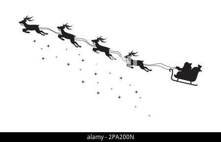 Der Weihnachtsmann fliegt im Schlitten, gehoben vom fliegenden Rentier, bestreut mit Glitzer-Illustration. Dargestellt mit Silhouettenstil Stock Vektor