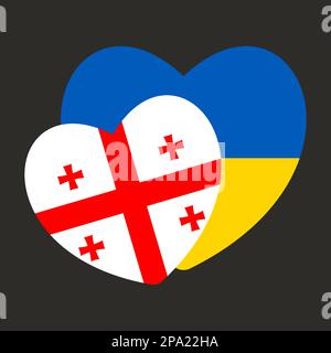 Nationalflaggen der Ukraine und Georgiens in Form von Herzen - Konzept des Schutzes und der Solidarität sowie der militärischen und humanitären Hilfe. Mit Coun Stock Vektor