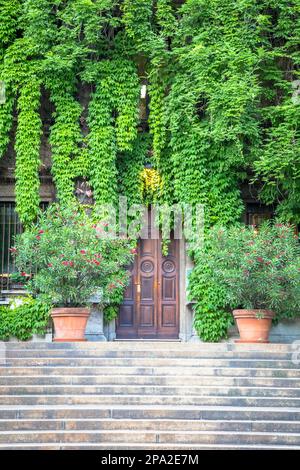 MAILAND, ITALIEN - CA. AUGUST 2020 - Integration von Natur und Immobilien auf diesem alten italienischen Gebäude Stockfoto