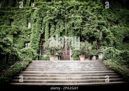 MAILAND, ITALIEN - CA. AUGUST 2020 - Integration von Natur und Immobilien auf diesem alten italienischen Gebäude Stockfoto