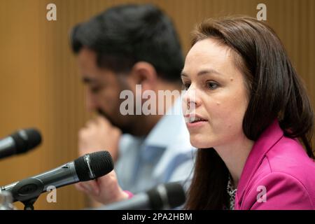 Kandidat für SNP-Führung Kate Forbes während einer SNP-Führungsstürmung an der University of Strathclyde in Glasgow. Foto: Samstag, 11. März 2023. Stockfoto