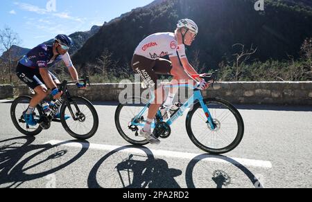 Radfahrer in Aktion während der Etappe 7 der 81. Ausgabe des Achttägigen Radrennens Paris-Nizza, 142,9km km von Nizza bis Col de la Couillole, Frankreich, Samstag, 11. März 2023. BELGA FOTO DAVID PINTENS Stockfoto