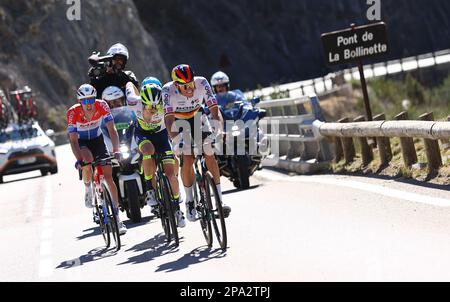 Radfahrer in Aktion während der Etappe 7 der 81. Ausgabe des Achttägigen Radrennens Paris-Nizza, 142,9km km von Nizza bis Col de la Couillole, Frankreich, Samstag, 11. März 2023. BELGA FOTO DAVID PINTENS Stockfoto