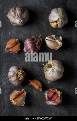 Frische Knoblauchknollen und -Zehen auf schwarzem Hintergrund. Flach verlegt. Draufsicht. Speisekonzept. Dunkle Stimmungsfotografie. Stockfoto