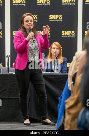 SNP-Führungskandidat Kate Forbes, der an den SNP-Führungsprojekten der University of Strathclyde in Glasgow teilnimmt. Foto: Samstag, 11. März 2023. Stockfoto