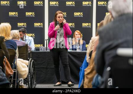 SNP-Führungskandidat Kate Forbes, der an den SNP-Führungsprojekten der University of Strathclyde in Glasgow teilnimmt. Foto: Samstag, 11. März 2023. Stockfoto