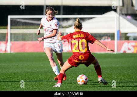 Rom, Italien. 11. März 2023. Valery Vigilucci (AC Mailand) Giada Greggi (AS Roma Women) während des Halbfinalspiels Coppa Italia Frecciarossa zwischen AS Roma und AC Mailand am 11. März 2023 im Tre Fontane-Stadion in Rom. Kredit: Unabhängige Fotoagentur/Alamy Live News Stockfoto