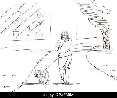 Senior woman walking her dog, Hand drawn illustration, Vector sketch on white background Stock Vektor