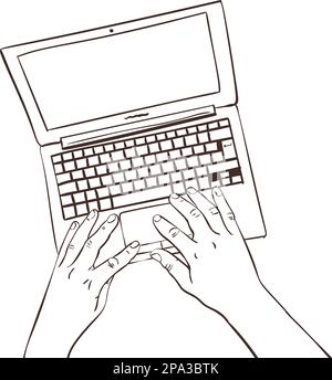 Vektorskizze von Händen, die auf einem Laptop arbeiten, isolierte, von Hand gezeichnete Strichgrafik-Illustration auf weißem Hintergrund Stock Vektor