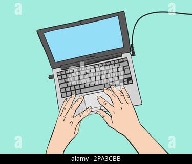 Vektorfarbene Skizze von Händen, die am Laptop arbeiten, isolierte, handgezeichnete Abbildung von oben Stock Vektor
