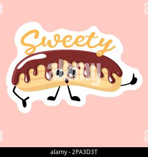 Süßer Aufkleber. eclair mit Schokoladenglasur. Bäckerei Logo. Vektordarstellung von Bäckerei und Gebäck. Zeichentrickfigur Eclair Stock Vektor