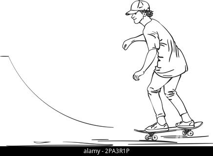 Skizze eines Skateboarders in Mütze, T-Shirt und enger Hose, der im Skateboard im Skate Park fährt, handgezeichnete Line-Art-Vektordarstellung isoliert auf Weiß Stock Vektor