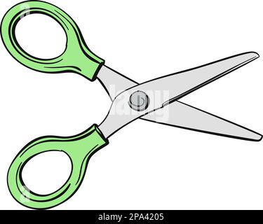 Vektorschere mit grünen Griffen, handgezeichnete Strichgrafiken isoliert auf weißem Hintergrund Stock Vektor