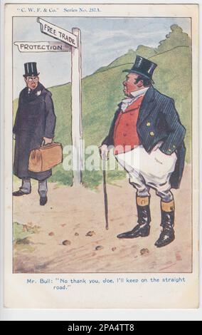 Joseph Chamberlain und John Bull an der fiskalischen Kreuzung: Cartoon, der John Bull zeigt, der Großbritannien vertritt, weigert sich, dem Politiker Joseph Chamberlain den Weg des Schutzes und weg von der Wirtschaftspolitik des Freihandels zu folgen. Bildunterschrift: 'Mr. Bull: 'Nein, danke, Joe, ich bleibe auf der geraden Straße.'' Stockfoto
