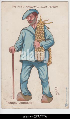 Das Finanzproblem! ... Fremde Händler. "Zwiebel Johnnie": 1903 Cartoon eines stereotypischen Verkäufers französischer oder bretonischer Zwiebeln, der blauen Anzug und Clogs trägt, einen Stock und Zwiebelsaiten trägt und unrasiert aussieht. Der Cartoon wurde als Postkarte im Rahmen der Kampagne Anfang des 20. Jahrhunderts in Großbritannien veröffentlicht, um den wirtschaftlichen Protektionismus (oder Zölle) zu unterstützen und gegen den freien Handel, angeführt vom Politiker Joseph Chamberlain Stockfoto