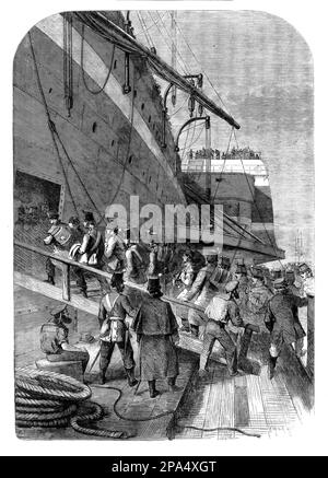 Kanadische Soldaten gingen 1861 an Bord der SS Great Eastern, bevor sie von ihrem Heimathafen Liverpool einstiegen. Das Schiff war ein eisernes, segelbetriebenes, Paddelrad- und schraubenbetriebenes Dampfschiff, das von Isambard Kingdom Brunel entworfen wurde. Stockfoto