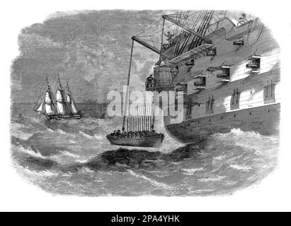 Davits wurde im späten 18. Jahrhundert in Kriegsschiffe der Royal Navy eingeführt und nahm ursprünglich die Form von quadratischen Holzbalken an. Davit-Systeme werden am häufigsten verwendet, um ein Rettungsboot auf die Einschiffungsebene abzusenken und auch als Mensch-über-Bord-Sicherheitsvorrichtungen verwendet, um Personal aus dem Wasser zu holen. Stockfoto
