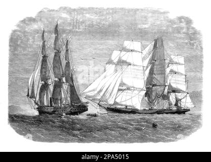 Eine Illustration aus dem Jahr 1860, in der sich das Sklavenschiff "Sunny South" HMS "Drisk" unter dem Kommando von Konteradmiral Sir Henry Keppel übergeben hat. Stockfoto