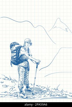 Eine Frau, die in den Bergen mit einem großen Rucksack reitet, eine blaue Zeichnung auf einer Notizbuchseite mit quadratischem Raster, eine handgezeichnete Vektorzeichnung Stock Vektor