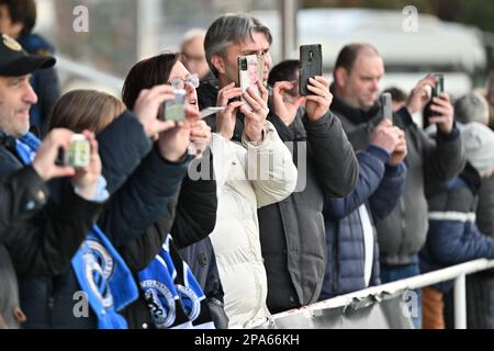 Fans und Fans wurden mit ihren Smartphones während eines Fußballspiels zwischen Club Brügge Dames YLA und KRC Genk Ladies im Halbfinale des belgischen Pokals der Saison 2022 - 2023 am Samstag , den 11 . März 2023 in Aalter , BELGIEN , fotografiert . FOTO SPORTPIX | David Catry Stockfoto