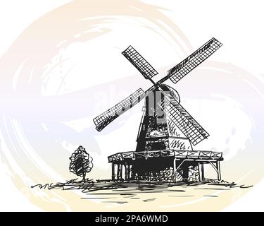 Skizze einer alten Windmühle und eines kleinen Baumes, handgezeichnete Vektordarstellung auf einem wässrigen Hintergrund Stock Vektor