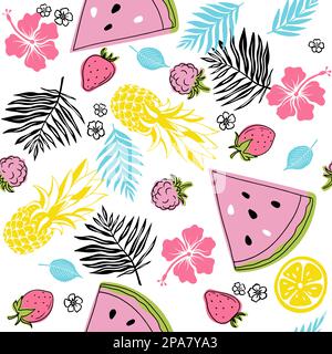 Nahtlose einfache Früchte, Beeren und einfache Blumen und Blätter. Helle Sommerdarstellung isoliert auf weißem Hintergrund Stock Vektor