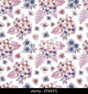 Aquarell glamouröses, nahtloses Muster mit wunderschönem Blumenstrauß. Violette, blaue und rosa Gartenblumen, Vintage Stockfoto