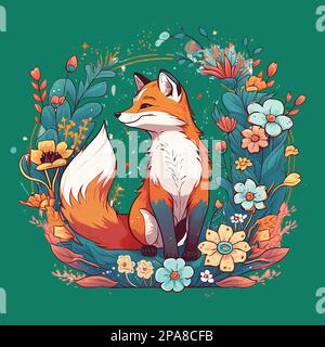 Illustration mit süßem, Cartoon- und Anime-Fuchs, umgeben von Kranz aus bunten Blumen, generalisierte KI, Bearbeitung in Photoshop, isoliert auf grünem Hintergrund Stockfoto