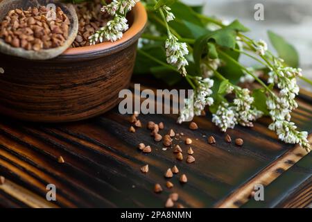 Verstreute essbare trockene Fagopyrum esculentum. Eine gesunde Ernährung mit Bio-Buchweizen. Getreideernte für die traditionelle vegetarische Ernährung. Buchweizenblüten Stockfoto