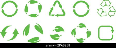 Kreisförmige Pfeile eingestellt. Recycling- und Ökologiesymbole. Konzept für Wiederverwendung und Abfall. Grünes Symbol für Blattrecyceln. Aktualisieren, neu laden, Loop Rotation Zeichen Kollektiv Stock Vektor