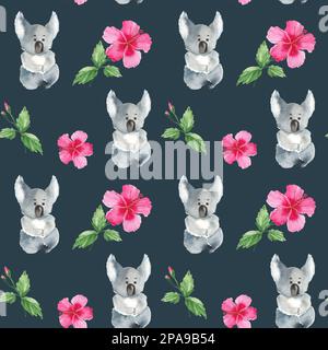 Nahtloses Muster mit süßem Koala, Hibiskusblättern und Blumen. Handgezeichnete Aquarell-Illustration. Stockfoto