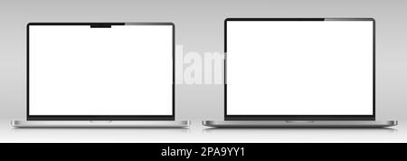 Zwei Laptops mit einem weißen Bildschirm auf einem grauen verlaufenden Hintergrund. Stock Vektor
