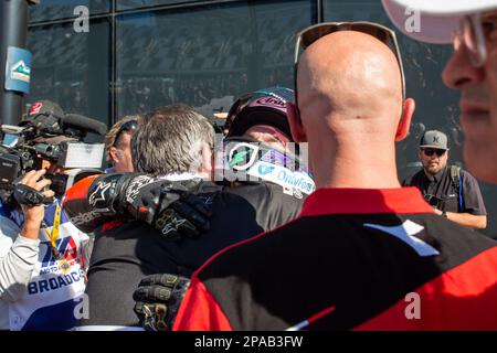 Daytona Beach, Florida, USA. 11. März 2023 Auf Dem Podium. 1. Josh Herrin, 2. Joshua Hayes, 3. Cameron Petersen während Daytona 200 auf der Bike Week präsentiert von Monster Energy auf dem Daytona International Speedway in Daytona Beach, FL. 2023. Kredit: Yaroslav Sabitov/Yes Market Media/Alamy Live News Stockfoto