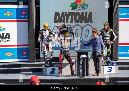 Daytona Beach, Florida, USA. 11. März 2023 Auf Dem Podium. 1. Josh Herrin, 2. Joshua Hayes, 3. Cameron Petersen während Daytona 200 auf der Bike Week präsentiert von Monster Energy auf dem Daytona International Speedway in Daytona Beach, FL. 2023. Kredit: Yaroslav Sabitov/Yes Market Media/Alamy Live News Stockfoto