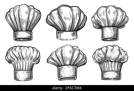 Set aus Koch und Kochhut für Restaurantmenü. Kochsymbol. Handgezeichnete Skizze Vintage-Vektordarstellung Stock Vektor
