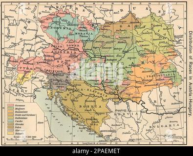 1911 : " Verteilung von Rennen in Österreich-Ungarn " aus dem Historischen Atlas von William R. Shepherd, 1911 - AUSTRO-UNGARN EMPIRE - CROAZIA - SLAVONIA - BOSNIEN-HERZEGOWINA - ÖSTERREICH - UNGARN - UNGHERIA - TIROLO - IMPERO AUSTO-UNGARICO - TRANSIULVANIA - RUMÄNIEN - GALIZIA - GALICIEN - BÖHMEN - MÄHREN - BOEMIA - ISTRIEN - CARNIOLA - KÄRNIEN - JUGOSLAWIEN - DALMATHIEN IUGOSLAVIA - GEOGRAFIE - GEOGRAFIA - FOTO STORICHE - GESCHICHTE - HISTORISCH - MARE ADRIATICO - ATLANTE - CARTINA GEOGRAFICA - 1. WELTKRIEG - PRIMA GUERRA MONDIALE - 1. WELTKRIEG - GRANDE GUERRA - TRENTINO ALTO ADIGE Stockfoto