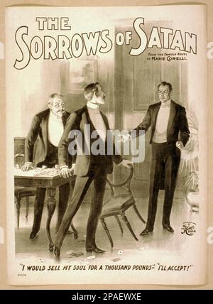 1900 Ca , USA : The SORROW OF SATAN , ein Theaterstück aus einem Roman der Schriftstellerin MARIE CORELLI ( 1855 - 1924 ). - TEATRO - Theater - locandina - Posterwerbung - pubblicita' - SCRITTRICE - SCRITTORE - LETTERATURA - LITERATUR - Letterato - triller - Pulp Fiction - HORROR - Blutungen - GOTICO - GOTIK - BELLE EPOQUE ---- GBB Stockfoto