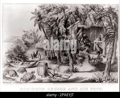 1874 : ROBINSON CRUSOE AND HIS PETS , Gravur von Currier and Ives , New York . Der britische Schriftsteller , Journalist und Spion DANIEL DE FOE ( oder DEFOE , 1660 London - 1731 ) gewann dauerhaften Ruhm für seinen Roman Robinson Crusoe . - LETTERATO - SCRITTORE - LETTERATURA - Literatur - Portrait - ritratto - NAUFRAGO - NAUFRAGIO - CASTAWAY - sinkend - Incisione --- ARCHIVIO GBB Stockfoto