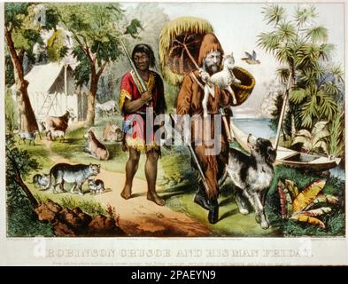 1874 : ROBINSON CRUSOE UND FRIDAY , Gravur von Currier and Ives , New York . Der britische Schriftsteller , Journalist und Spion DANIEL DE FOE ( oder DEFOE , 1660 London - 1731 ) gewann dauerhaften Ruhm für seinen Roman Robinson Crusoe . - LETTERATO - SCRITTORE - LETTERATURA - Literatur - Portrait - ritratto - NAUFRAGO - NAUFRAGIO - CASTAWAY - Venerdi' - sinkend - Incisione ---- ARCHIVIO GBB Stockfoto