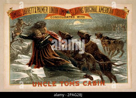 1881 , USA : Uncle Tom's Cabin von Jarrett & Palmer London THEATRE Company der amerikanische Abolitionist und Schriftsteller, HARRIET BEECHER STOWE ( 1811 - 1896 ) war der Autor des berühmtesten BUCHES ONKEL TOM 'S CABIN ( 1852 ) . - CAPANNA DELLO ZIO TOM - Onkel Tom's Cabin - SCRITTORE - LETTERATO - LETTERATURA - LITERATUR - BÜRGERKRIEG - GUERRA DI SECESSIONE - GUERRA CIVILE AMERICANA - ABBOLIZIONISTA SCHIAVISMO - Poster teatrale - locandina - Werbung - TEATRO - Theater - SCHWARZE AMERIKANER - Kani - Zuckerrohr - Hunde - Baby - Kind - bambino - Tormenta di neve Stockfoto