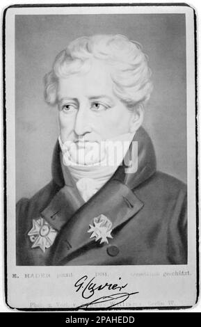 Baron Georges Leopold Chretien Frederic Dagobert CUVIER ( 1769 - 1832 ) , war französischer Naturforscher und Zoologe. Er war der älteste Bruder von Frederic Cuvier (1773–1838), ebenfalls Naturforscher. Er war Anfang des 19. Jahrhunderts eine wichtige Figur in wissenschaftlichen Kreisen in Paris und war maßgeblich an der Schaffung der Felder der vergleichenden Anatomie und Paläontologie beteiligt, indem er lebende Tiere mit Fossilien verglich. Er ist bekannt dafür, dass das Aussterben eine Tatsache war, da er der einflussreichste Verfechter von Katastrophen in der Geologie im frühen 19. Jahrhundert war und frühen Evolutionstheorien entgegenwirkte. Stockfoto